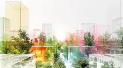 Foto op Plexiglas A digital rendering of an urban landscape with buildings made from glass blocks. © imlane