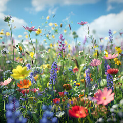 Closeup of summer meadow with colorful flowers, blue sky and sunshine in the background. - 778023767