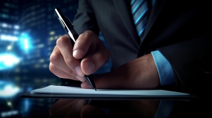 Businessman signing a contract with a pen, close-up.