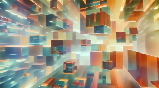 A 3D render of floating geometric blocks in a digital space, with a futuristic orange and teal color scheme.
