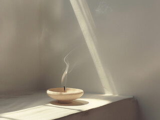 Minimalist incense burning on a serene neutral backdrop 300 DPI