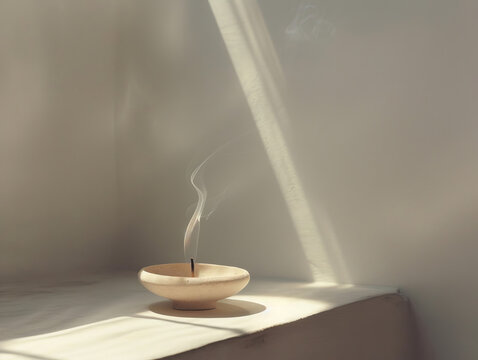 Minimalist incense burning on a serene neutral backdrop 300 DPI
