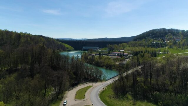 Water Dam On Solina Lake Bieszczady Mountains Aerial View Poland