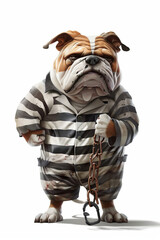 A dog is wearing a striped prison uniform and holding a chain