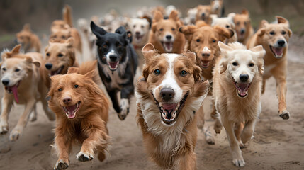 a group of 100 dogs running directly into the camera