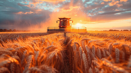 A combine harvester is transferring wheat into a trailer after the harvest, showcasing efficient...