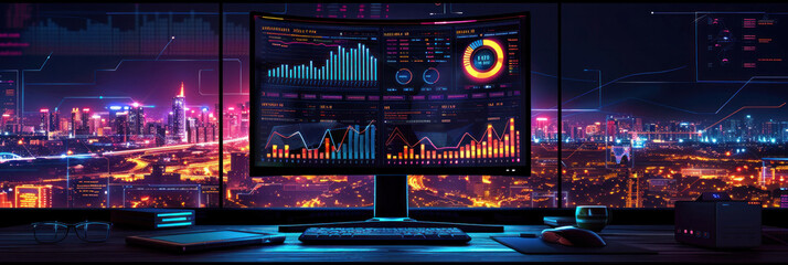 A modern computer monitor displays data analysis with histograms and pie charts, illustrating the use of technology in statistical representation. - obrazy, fototapety, plakaty