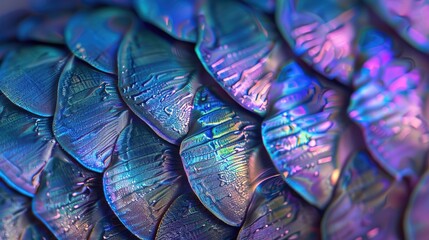 Detailed image of a fish scale under a microscope, highlighting the overlapping pattern and iridescent colors - obrazy, fototapety, plakaty