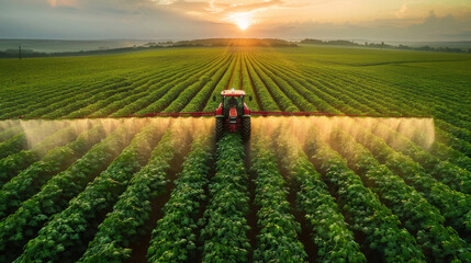 aerial view captures a tractor spraying pesticides on a lush green soybean plantation, showcasing agricultural practices from above.