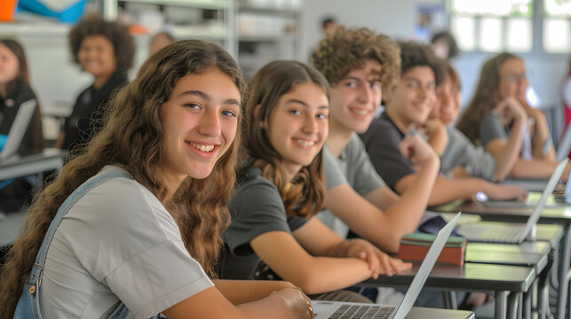a group of happy high school students sitting at desks in an classrom with laptops