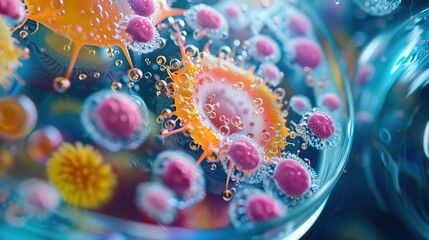 Closeup of vibrant bacteria colonies in a petri dish, resembling an abstract painting, high detail