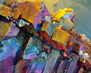 Closeup image of the surface of a mineral crystal, showing molecular structure and shimmering colors