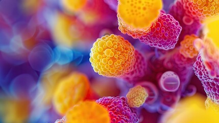 pollen grains under a microscope, vibrant colors and detailed textures, educational and scientific theme