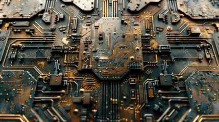 Fotobehang High magnification of a computer processor chip, revealing intricate circuit patterns and metallic textures © Piyapan