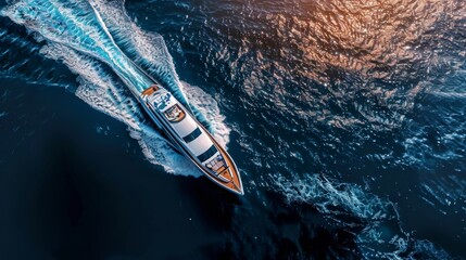 Aerial shot of a luxury yacht cutting through deep blue waters, leaving a frothy wake behind. - obrazy, fototapety, plakaty