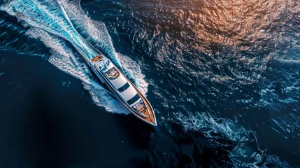 Foto op Canvas Aerial shot of a luxury yacht cutting through deep blue waters, leaving a frothy wake behind. © JovialFox