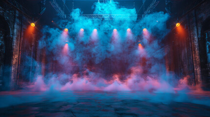 The dark stage shows, dark blue background, an empty dark scene, neon light, spotlights The asphalt floor and studio room with smoke float up the interior texture for display products.