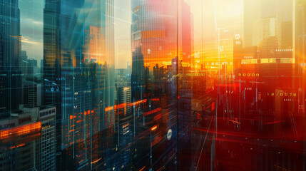 Financial graphs and digital indicators overlap with modernistic urban area skyscrabber for stock market business concept. 