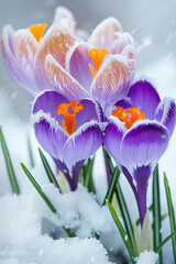 Purple and orange crocuses bloom from under the snow