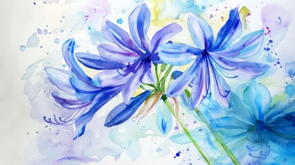 Bright watercolor agapanthus, detailed bloom, simple background,