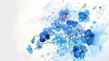 Fototapeta na wymiar Bright watercolor forget-me-not cluster, simple background,
