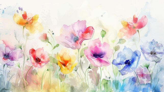 Bohemian wildflower arrangement, watercolor, bright and clean background, greeting card focus,