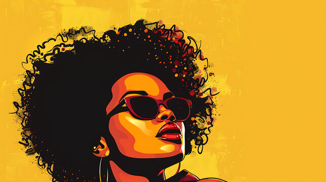 Young black African woman with afro hair illustration for fashion banner with copy space on yellow background.  generative ai