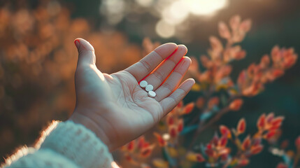 Woman hand holding the supplements - obrazy, fototapety, plakaty