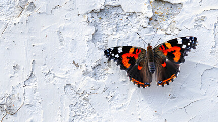 A red admiral butterfly on the side of an old white wall