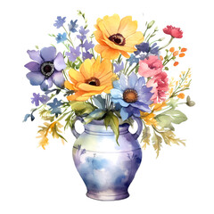 Watercolor painting of vibrant flowers in a blue vase