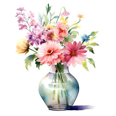Watercolor painting of assorted flowers in a transparent vase