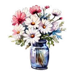 Watercolor painting of pink and white daisies in a blue jar