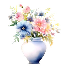 Watercolor painting of colorful flowers in a classic vase