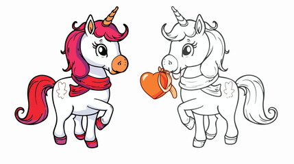 Cartoon cute unicorn with a scarf holds a heart in it