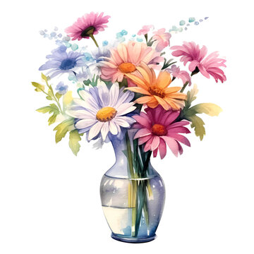 Watercolor painting of daisies and wildflowers in a clear vase