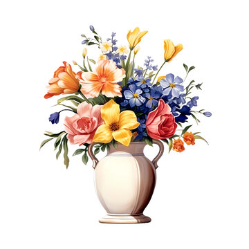 Watercolor painting of a colorful floral bouquet in a cream vase