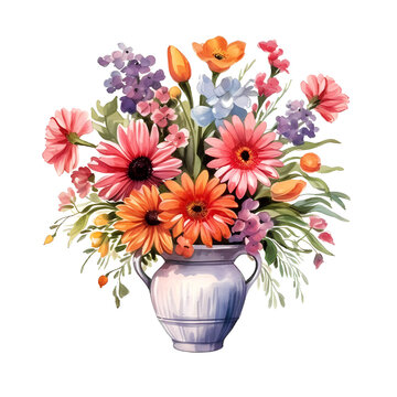 Watercolor painting of colorful gerbera flowers in a ceramic urn