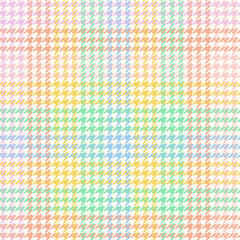Fototapeta premium Geometric seamless pattern for spring summer. Colorful pastel checkered houndstooth background in purple, orange, green, yellow pink blue for gift paper, fabric, tablecloth, blanket, textile holiday .