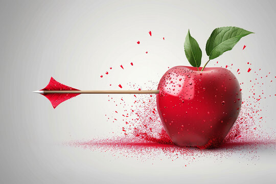 A red apple is shot with an arrow, and the image conveys a sense of destruction