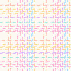 Geometric seamless pattern for spring summer. Colorful pastel checkered houndstooth background in purple, orange, green, yellow pink blue for gift paper, fabric, tablecloth, blanket, textile holiday .
