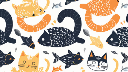 Cat and Fish Tessellating Pattern flat vector isolated