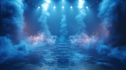 Fototapeta premium The dark stage shows, dark blue background, an empty dark scene, neon light, spotlights The asphalt floor and studio room with smoke float up the interior texture for display products.