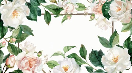 Lavish watercolor wreath of gardenias and camellias in a square frame,