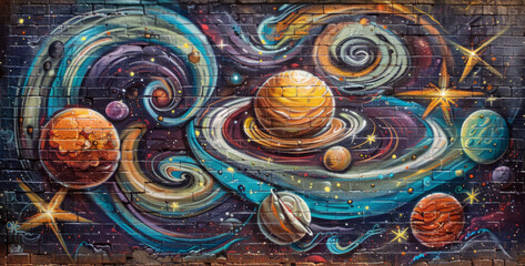 Solar System Graffiti Art on a Brick Wall
A vibrant brick wall mural featuring an artistic interpretation of the solar system with swirling patterns and celestial bodies.
