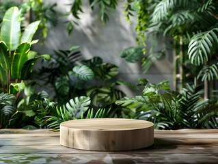 A circular wooden pedestal stands amidst vibrant tropical foliage, providing a natural display platform in a lush environment.
