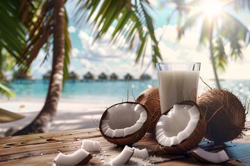 a coconuts and a glass of milk on a table