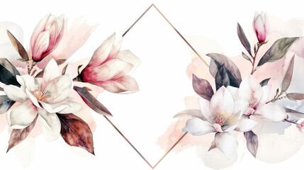 Magnolia wreath with a triangular frame, watercolor, bright simple background,