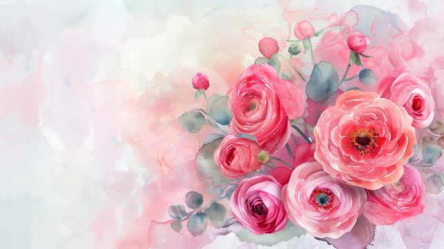 Pastel watercolor bouquet of ranunculus and peonies, minimalist bright background,