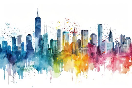 Professional watercolor city skyline corners for moving announcements,