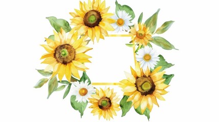 Professional watercolor wreath of sunflowers and daisies in a pentagon frame,